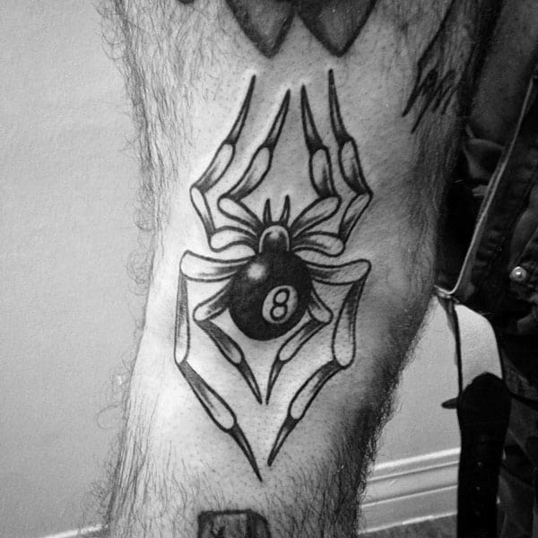 Traditional 8 Ball Spider Mens Leg Tattoos