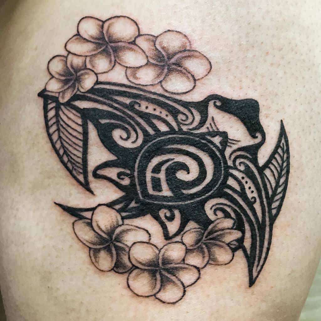 A Polynesian-inspired tattoo blending bold tribal patterns with soft Plumeria flowers, symbolizing harmony and connection to nature