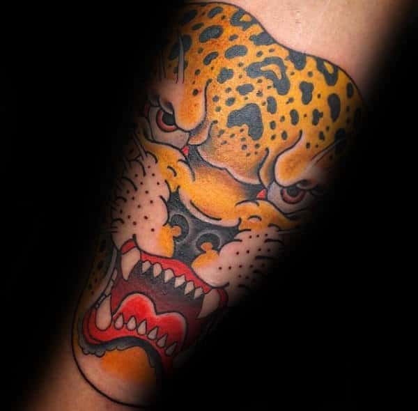 Traditional Angry Leopard Forearm Tattoos For Gentlemen
