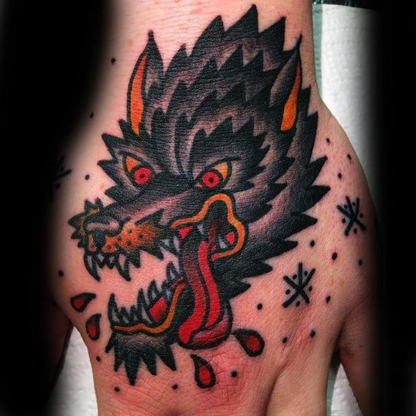 Traditional Angry Wolf Guys Hand Tattoos