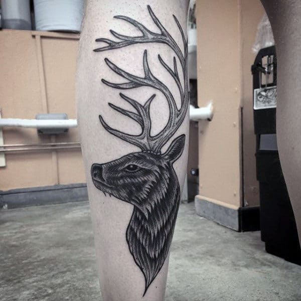 Traditional Antler Black Ink Mens Leg Tattoo