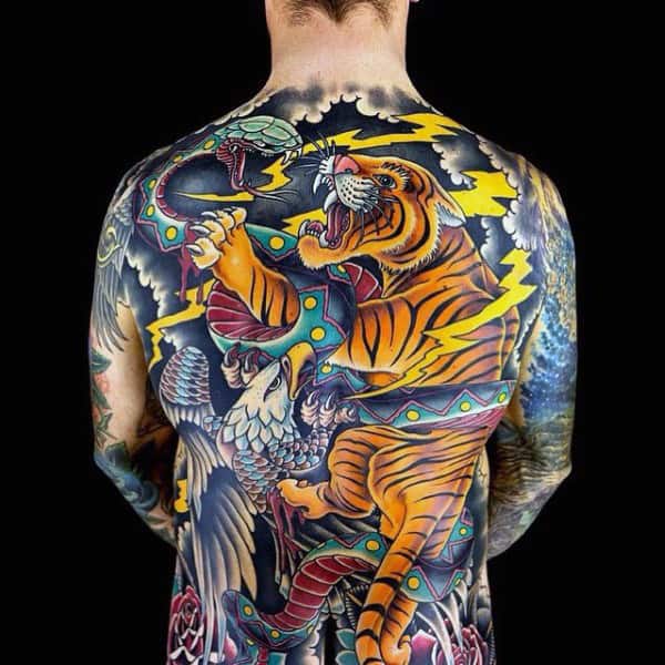 Traditional Back Mens Tiger Tattoos