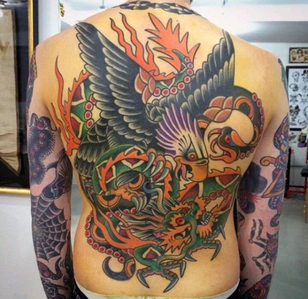 Traditional Back Tattoo Of Eagle With Dragon For Guys