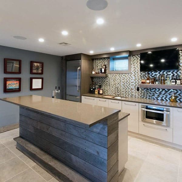 traditional home basement designs for men mosaic tiles wood bar with granite top 