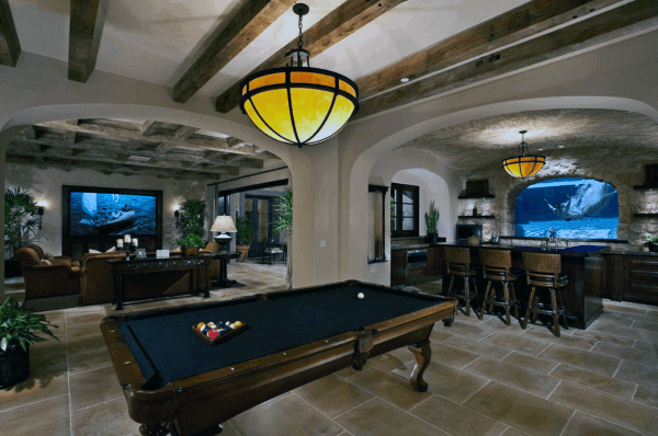 traditional basement man cave wet bar billiards table big screen tv leather sofa 