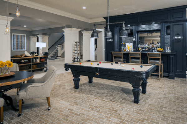 large living room billiard table wet bar pendant lights