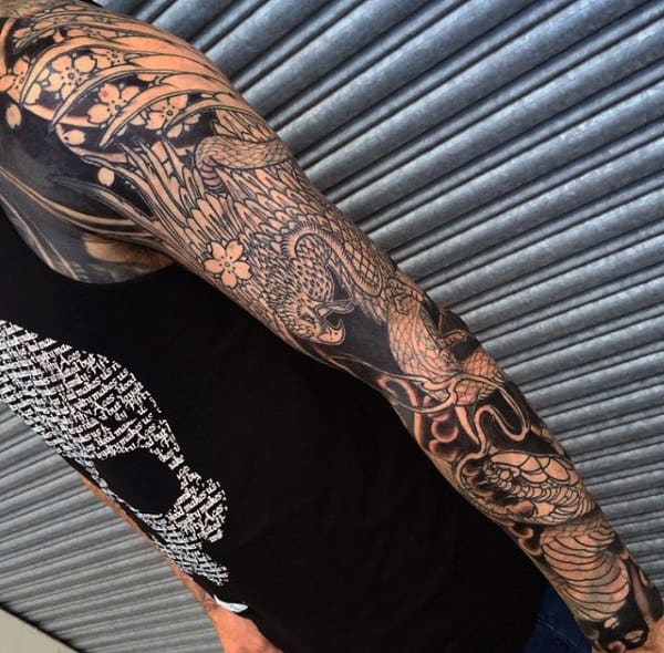 Traditional Black Ink Hawk Fighting Coiled Snake Tattoo On Male Full Sleeve