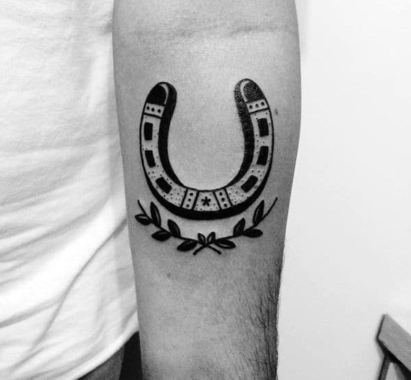 Traditional Black Ink Horseshoe With Olive Branch Mens Arm Tattoo