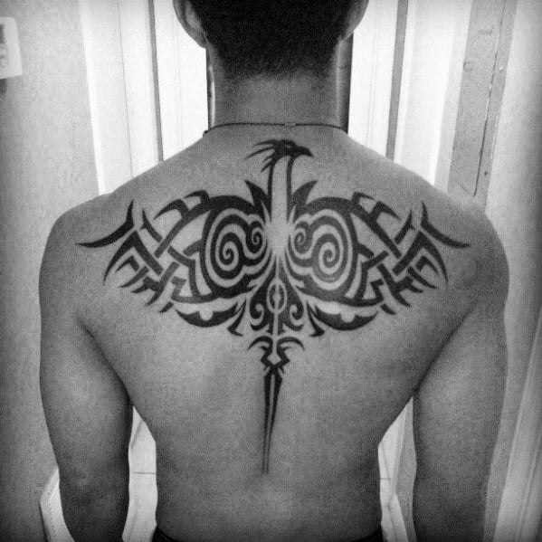 Traditional Black Ink Tribal Bird Mens Back Tattoos