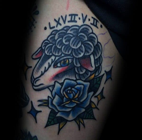 Tattoo of a sheep's head with a blue rose and Roman numerals