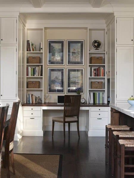 Home office with white cabinets, a built-in wooden desk, bookshelves, framed pictures, and a globe on a shelf