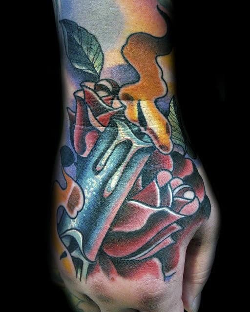 Traditional Candle With Rose Flower Hand Tattoos For Men