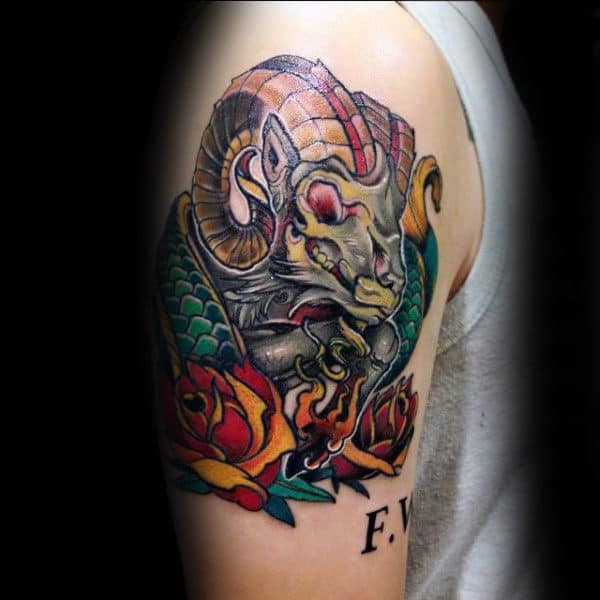 Traditional Capricorn Goat With Rose Flowers Mens Arm Tattoos