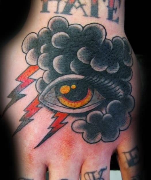 Traditional Clouds With Eye Male Hand Tattoos
