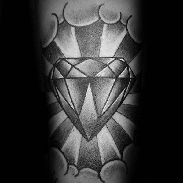 Traditional Clouds With Sun Rays And Diamond Mens Forearm Tattoo