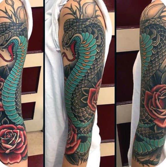 Traditional Cobra Snake With Red Rose Flower Guys Sleeve Tattoo
