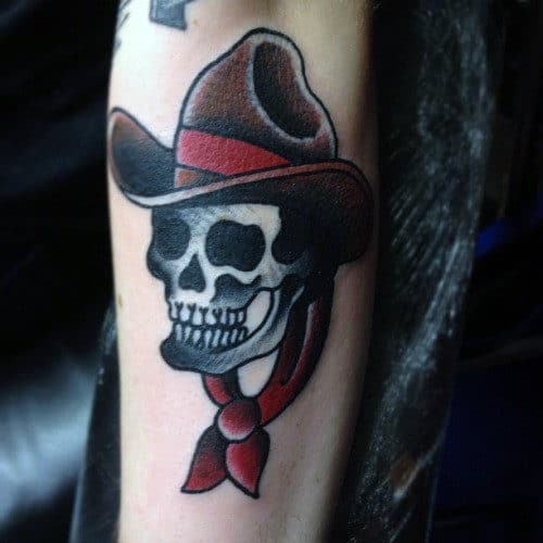 Traditional Cowboy Skull Mens Small Shaded Outer Forearm Tattoo Design Ideas