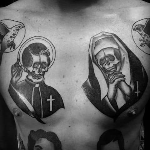 Two traditional-style black ink tattoos of a priest and nun with skull faces, each featuring a cross on the chest, on a man's chest.