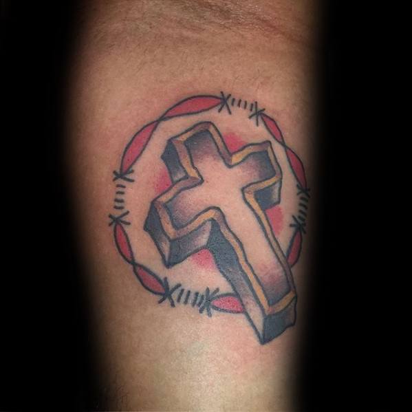 3D cross tattoo with a rugged, stone-like appearance, encircled by a barbed wire crown and red shading in the background.