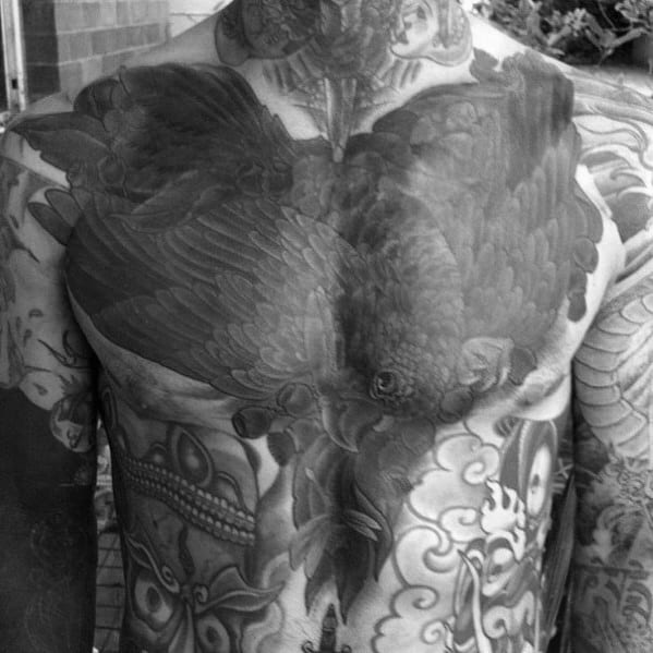 Traditional Crow Mens Black Ink Chest Cover Up Tattoo