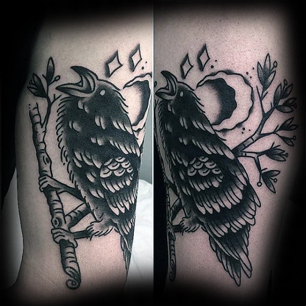 Traditional Crow With Moon Mens Old School Leg Tattoos