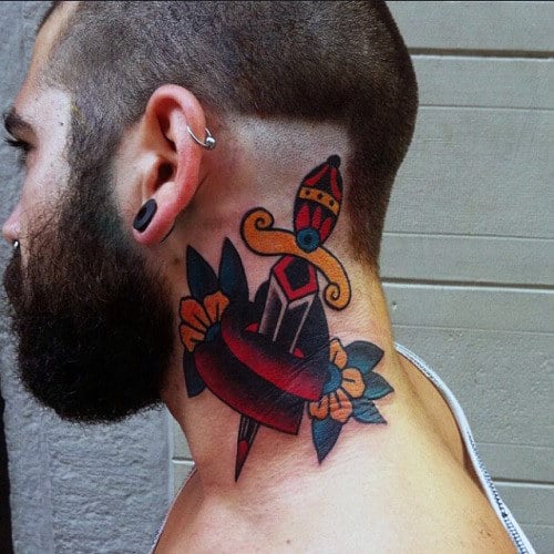 Traditional Dagger Guys Neck Tattoo Design Ideas