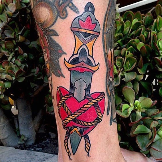 Traditional Dagger Through Heart Guys Lower Leg Tattoos
