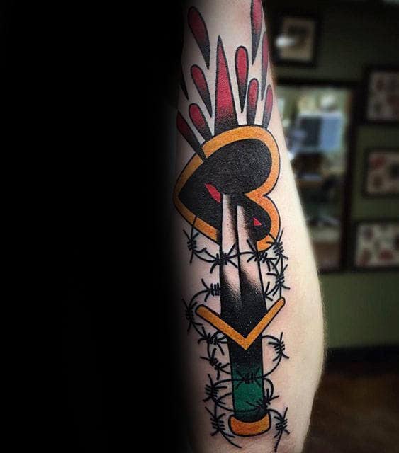 Traditional Dagger Through Heart Mens Outer Forearm Tattoos