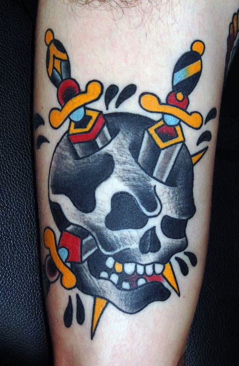 Tattoo of a black skull with daggers through it, on a light-skinned arm
