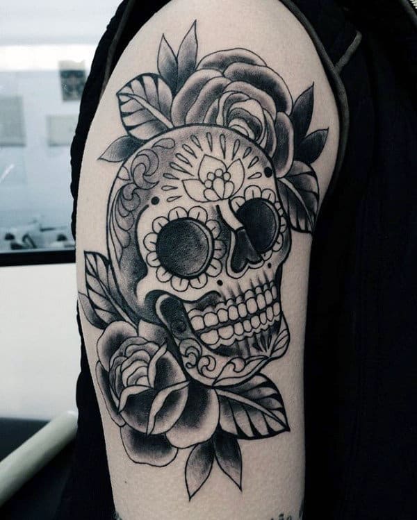 Traditional Day Of The Dead Mens Skull And Roses Arm Tattoo