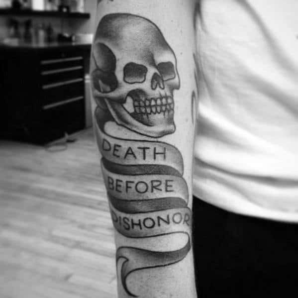 Traditional Death Before Dishonor Skull Male Outer Forearm Tattoo