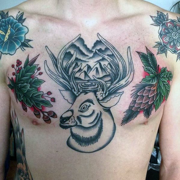 Traditional Deer Mountains Mens Chest Tattoo