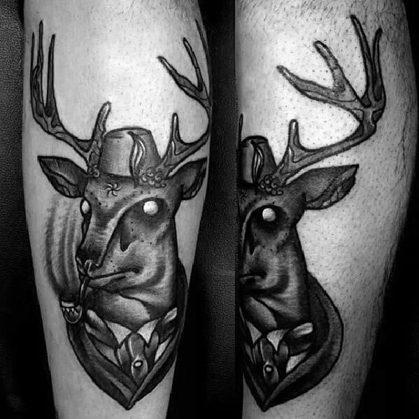 Traditional Deer With Pipe Mens Leg Tattoo