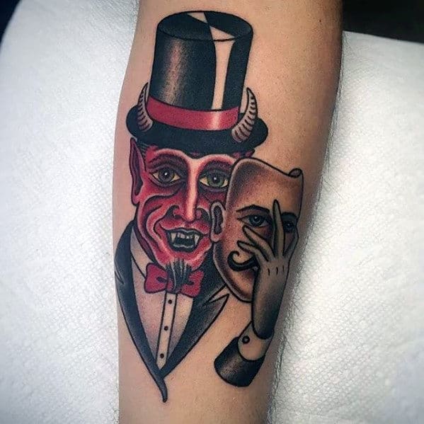 Traditional Devil With Mask Mens Forearm Tattoo
