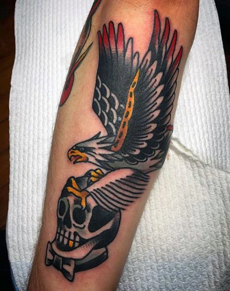 Traditional Eagle Bird Skull Guys Outer Forearm Tattoo