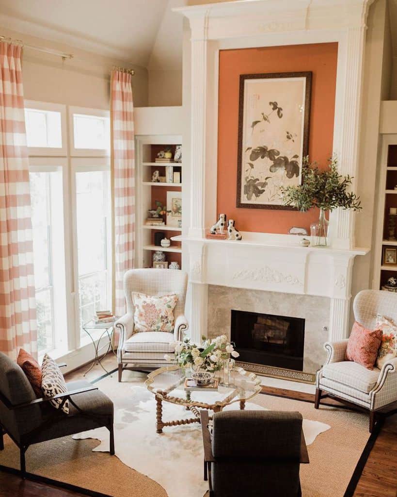 country style living room white fireplace glass table