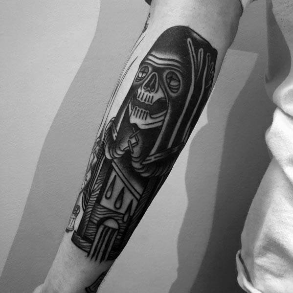 Black and grey executioner tattoo featuring a hooded skeleton holding an axe, with bold shading and gothic architectural elements.