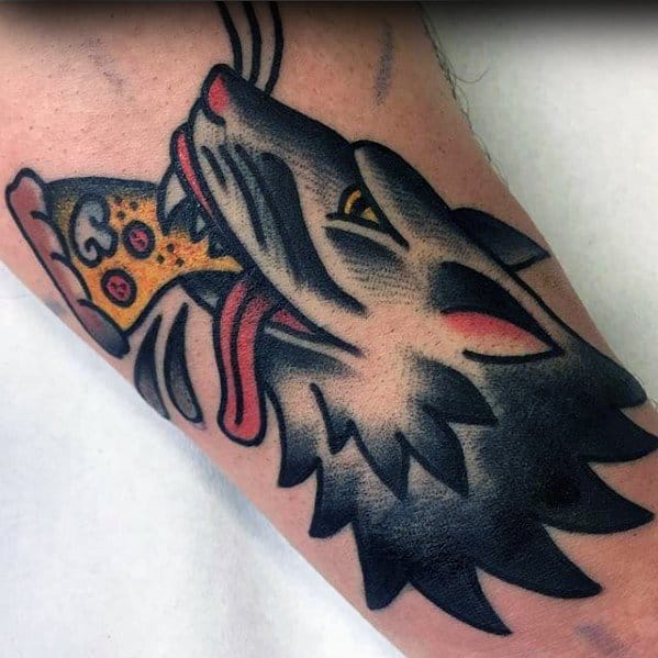 Traditional Forearm Wolf Eating Pizza Slice Tattoo Ideas On Guys