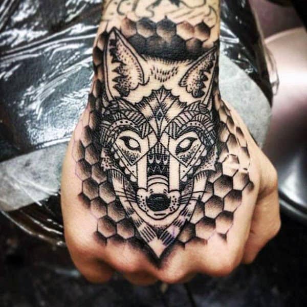 Traditional Fox Inside Honeycomb Male Hands Tattoo