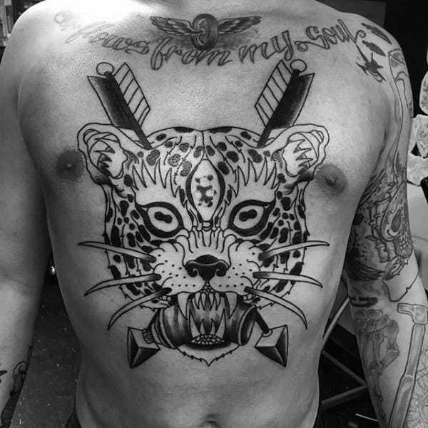 Traditional Guys Arrow Leopard Head Tattoo On Chest