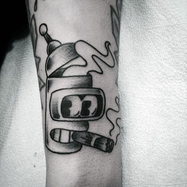 Traditional Guys Bender Robot Head Tattoo On Forearm