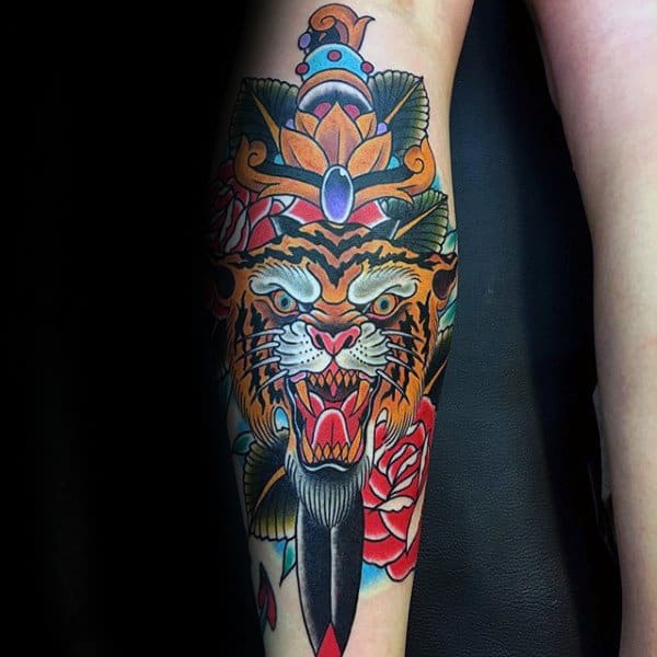 Traditional Guys Dagger Orange Tiger Leg Tattoo Ideas