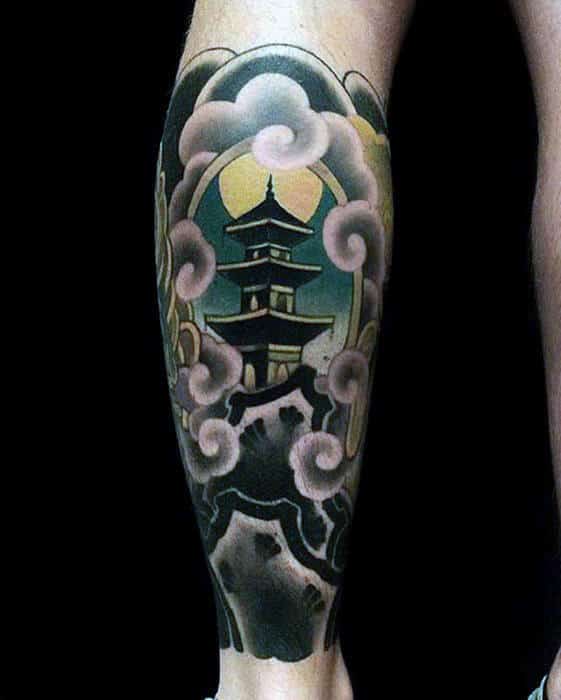 Traditional Guys Japanese Tattoo Of Template On Back Of Leg