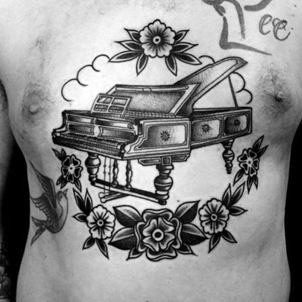 Traditional Guys Old School Piano With Flowers Chest Tattoos