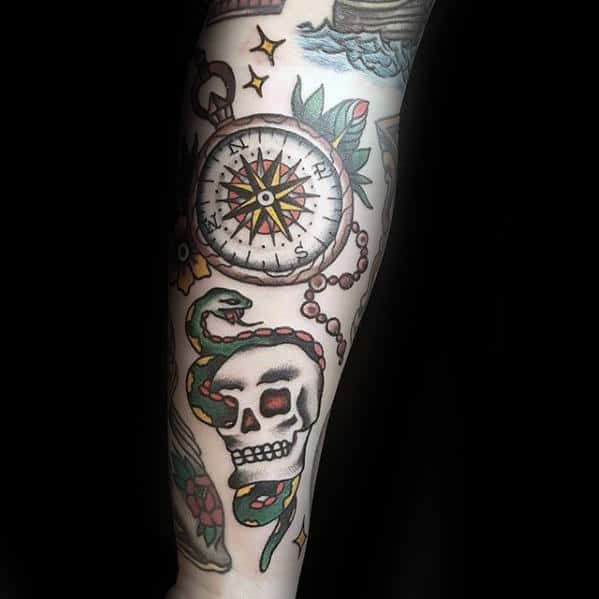 Traditional Guys Small Snake With Skull Arm Tattoo Design