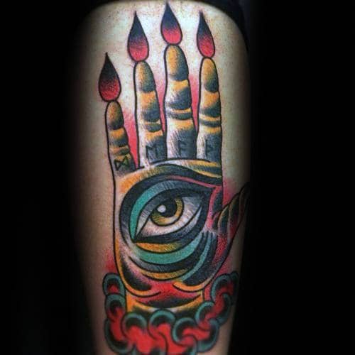 Traditional Hand With Eye Abstract Thigh Tattoos