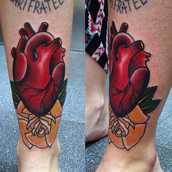 Traditional Heart With Yellow Rose Flower Mens Lower Leg Tattoos