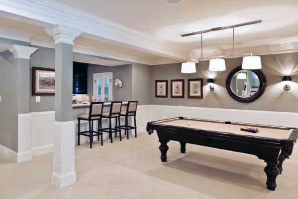 Basement with two-tone white and gray walls, wet bar, and pool table area.