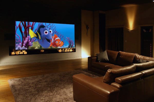 Home theater with a large screen displaying an animated underwater scene