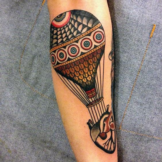 Traditional Hot Air Balloon Heart Mens Leg Tattoo